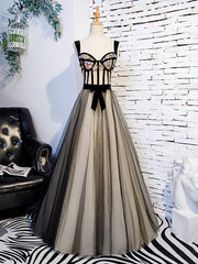 Black Tulle Straps Embroidery Sequins Prom Dresses