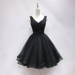 Black Tulle V Back Beaded Knee Length Homecoming Dresses, Black Short Party Dresses