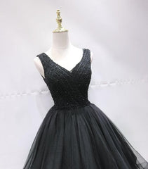 Black Tulle V Back Beaded Knee Length Homecoming Dresses, Black Short Party Dresses