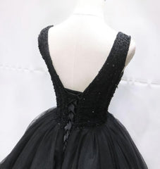 Black Tulle V Back Beaded Knee Length Homecoming Dresses, Black Short Party Dresses