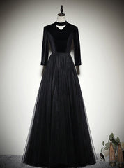 Black Tulle Velvet High Neck Long Sleeve Prom Dresses