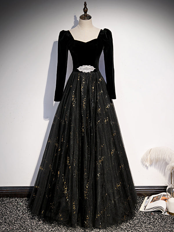 Black Tulle Velvet Long Sleeve Prom Dress