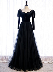 Black Tulle Velvet Long Sleeve Square Prom Dresses