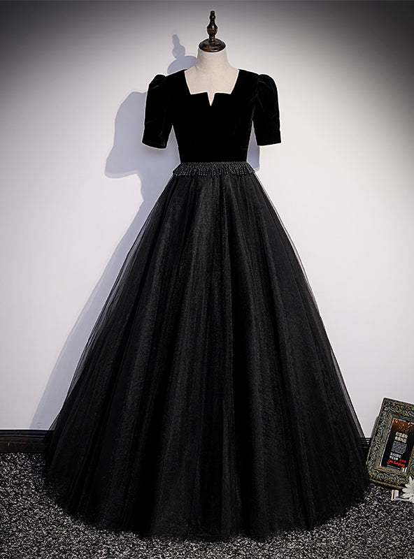 Black Tulle Velvet Short Sleeve Beading Prom Dress