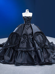 Black Unique Satin Strapless Pleats Ball Gown Prom Dresses