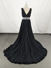 Black V Neck Chiffon Sequin Long Prom Dresses, Black Evening Dresses