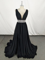 Black V Neck Chiffon Sequin Long Prom Dresses, Black Evening Dresses