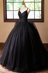 Black V-Neck Tulle Lace Prom Dresses, Gorgeous A-Line Evening Party Dresses