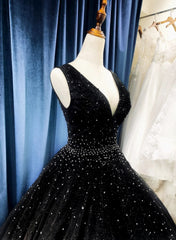 Black V-neckline Shiny Tulle Beaded Sweet 16 Dresses, Black Formal Dresses