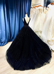 Black V-neckline Shiny Tulle Beaded Sweet 16 Dresses, Black Formal Dresses