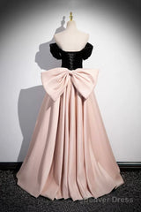 Black Velvet And Pink Satin Long Prom Dress, Beautiful A-Line Evening Party Dress With Bow