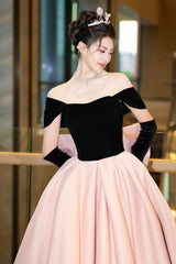 Black Velvet and Pink Satin Long Prom Dresses, Off the Shoulder Evening Party Dresses