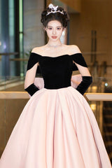 Black Velvet and Pink Satin Long Prom Dresses, Off the Shoulder Evening Party Dresses