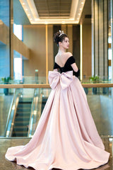 Black Velvet and Pink Satin Long Prom Dresses, Off the Shoulder Evening Party Dresses