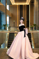 Black Velvet and Pink Satin Long Prom Dresses, Off the Shoulder Evening Party Dresses