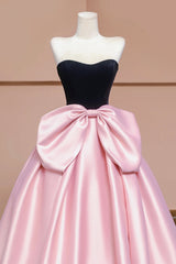 Black Velvet and Pink Satin Long Prom Dresses with Bow, Beautiful A-Line Strapless Formal Party Dresses