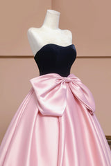 Black Velvet and Pink Satin Long Prom Dresses with Bow, Beautiful A-Line Strapless Formal Party Dresses