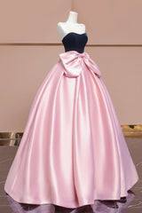 Black Velvet and Pink Satin Long Prom Dresses with Bow, Beautiful A-Line Strapless Formal Party Dresses