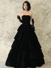 Black Velvet Layers Strapless Long A-line Prom Dresses, Black Velvet Formal Dresses