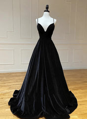 Black Velvet Long A-line Low Back Prom Dresses Black V Neck Wedding Party Dresses prom Dresses shops