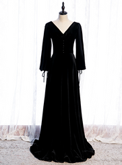 Black Velvet Long Sleeve Button Pleats Prom Dresses