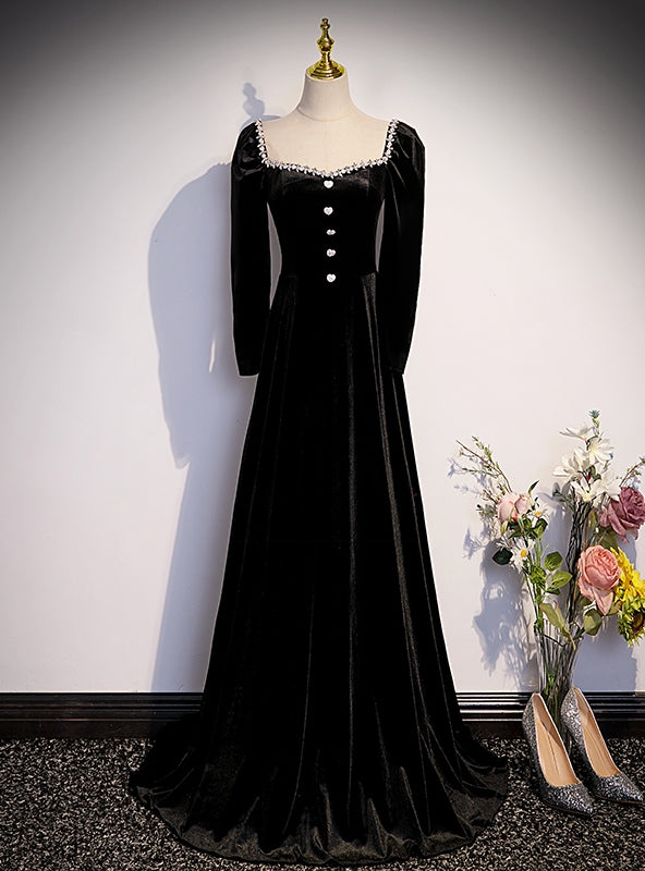 Black Velvet Long Sleeve Square Beading Prom Dress