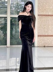 Black Velvet Mermaid Off Shoulder Long Party Dress, Black Velvet Prom Dress