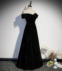 Black Velvet Off Shoulder Long Party Dresses, Black Simple Prom Dresses