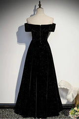 Black Velvet Off Shoulder Long Party Dresses, Black Simple Prom Dresses