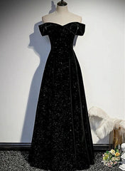 Black Velvet Off Shoulder Long Party Dresses, Black Simple Prom Dresses