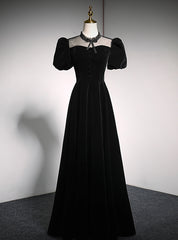 Black Velvet Puff Sleeve Prom Dress