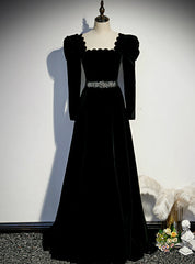 Black Velvet Square Long Sleeve Prom Dresses With Belt