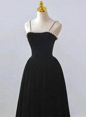 Black Velvet Straps Tea Length Party Dresses, Black Velvet Homecoming Dresses