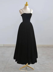 Black Velvet Straps Tea Length Party Dresses, Black Velvet Homecoming Dresses