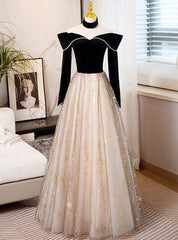 Black Velvet Tulle Off the Shoulder Pearls Prom Dresses