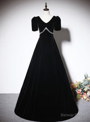 Black Velvet V-neck Short Sleeve Crystal Prom Dress