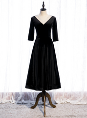 Black Velvet V-neck Short Sleeve Tea Length Prom Dresses