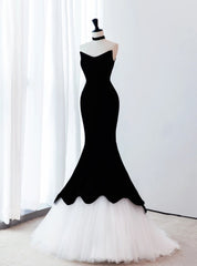 Black Velvet White Tulle Strapless Prom Dress