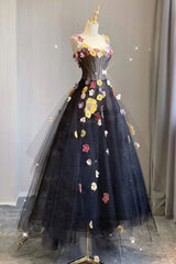 A Line Black Tulle Prom Dresses with Flowers Puffy Quinceanera Dresses