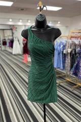 Dark Green One Shoulder Beaded Satin Sheath Homecoming Dresses