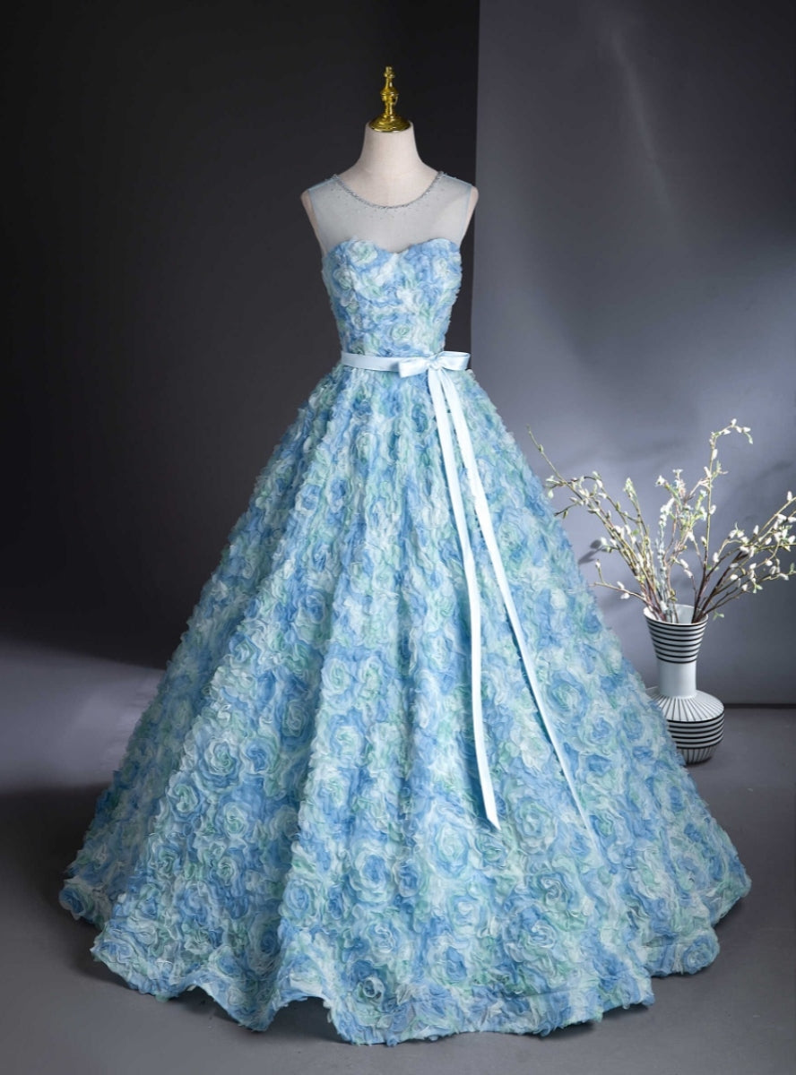 Blue 3D Rose Flower Backless Quinceanera Dress