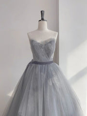 A Line Strapless Appliques Gray Tulle Long Prom Dresses Evening Dresses