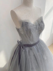 A Line Strapless Appliques Gray Tulle Long Prom Dresses Evening Dresses