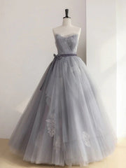 A Line Strapless Appliques Gray Tulle Long Prom Dresses Evening Dresses