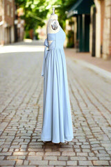 Blue A Line Spaghetti Straps V-Neck Pleated Floor Length Chiffon Long Bridesmaid Dress