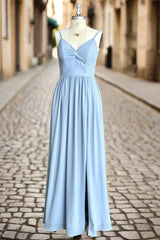 Blue A Line Spaghetti Straps V-Neck Pleated Floor Length Chiffon Long Bridesmaid Dress