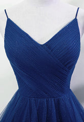 Blue A-line Straps Tulle Layers Long Party Dresses, Blue Long Prom Dresses