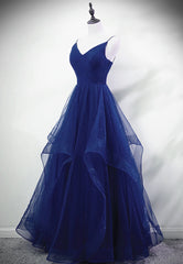 Blue A-line Straps Tulle Layers Long Party Dresses, Blue Long Prom Dresses