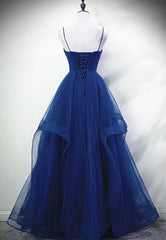 Blue A-line Straps Tulle Layers Long Party Dresses, Blue Long Prom Dresses