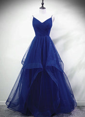 Blue A-line Straps Tulle Layers Long Party Dresses, Blue Long Prom Dresses